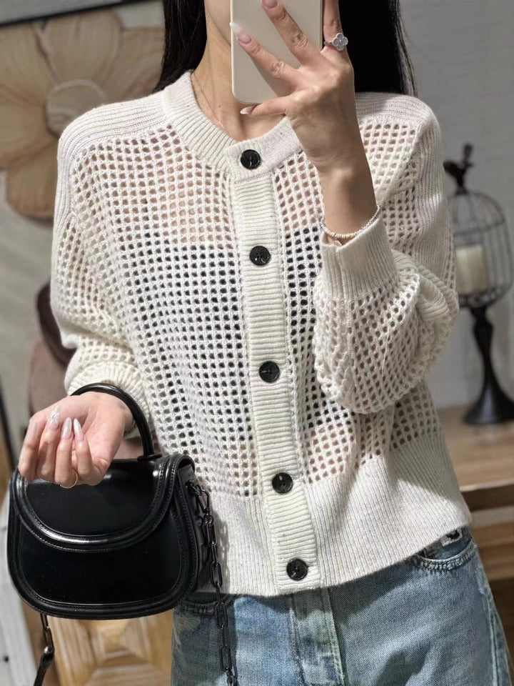 Women's mesh cardigan with a round neckline, button placket, and long sleeves