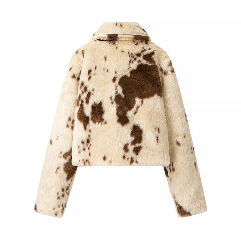 Women's printed cropped blouson jacket with stand-up collar and pockets