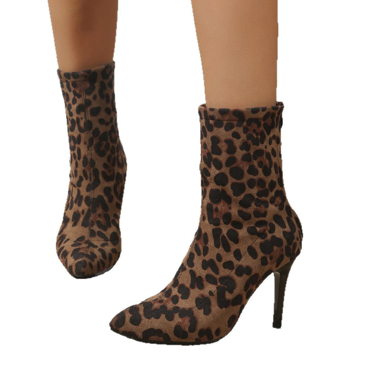 Women's suede ankle boots with leopard print and high heels