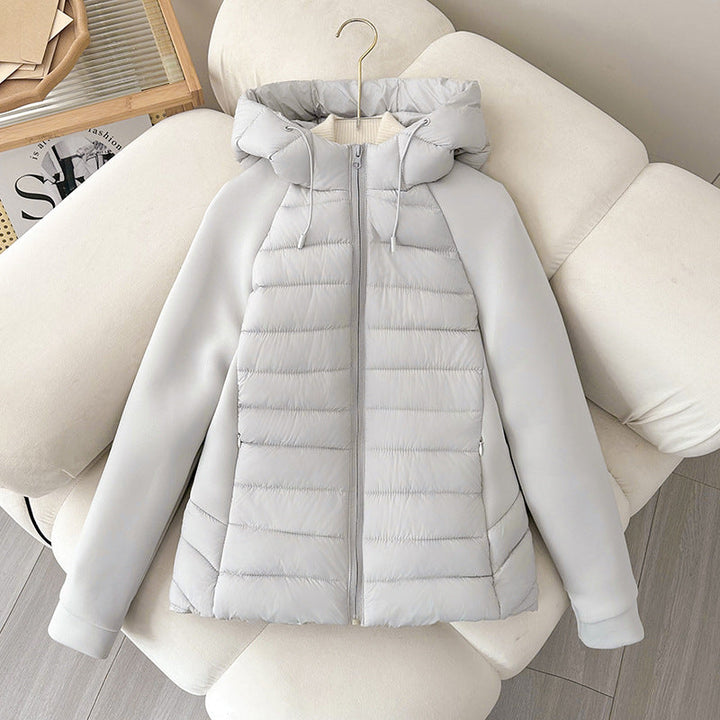 Women’s Lightweight Hybrid Quilted Jacket with Hood and Stretch Sleeve Panels