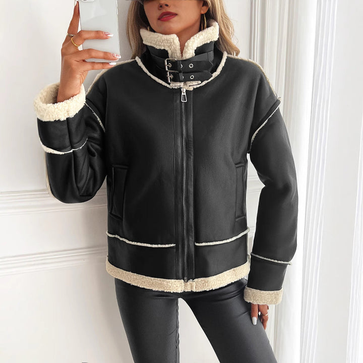 Women's faux leather jacket with teddy lining and zipper