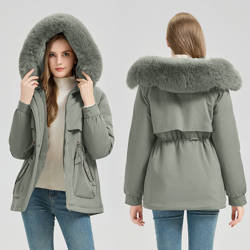Women's short coat with faux-fur hood and drawstring waist