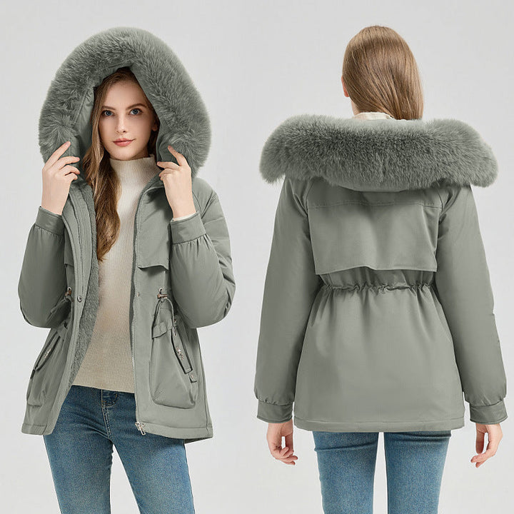 Women's short coat with faux-fur hood and drawstring waist