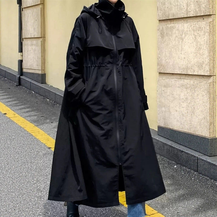 Women’s oversized maxi-length coat with hood and cape yoke