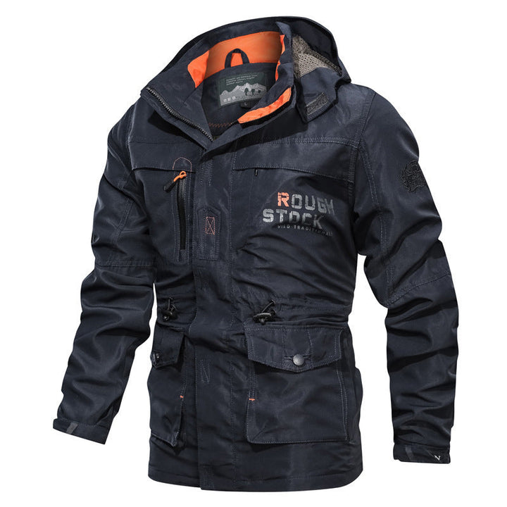 Men's field parka with hood, pockets, and drawstring