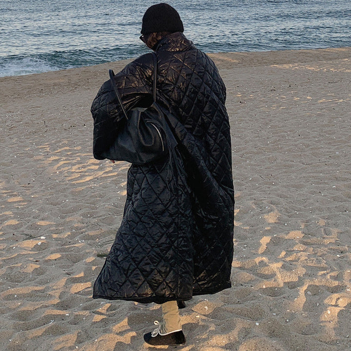 Women’s oversized quilted maxi-length coat with diamond quilting