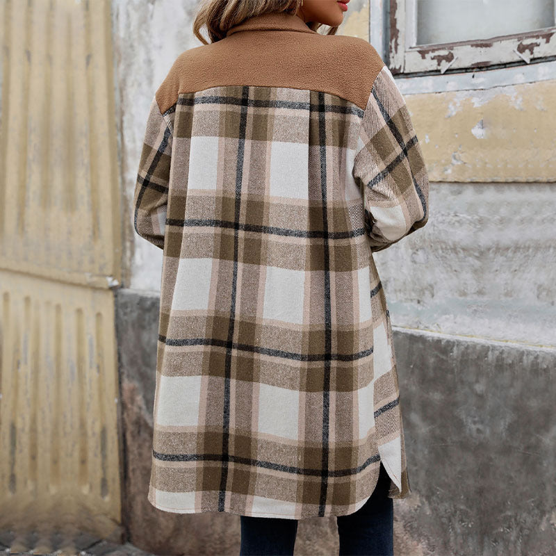 Women's shirt jacket with a checked pattern, pockets, buttons, and long sleeves