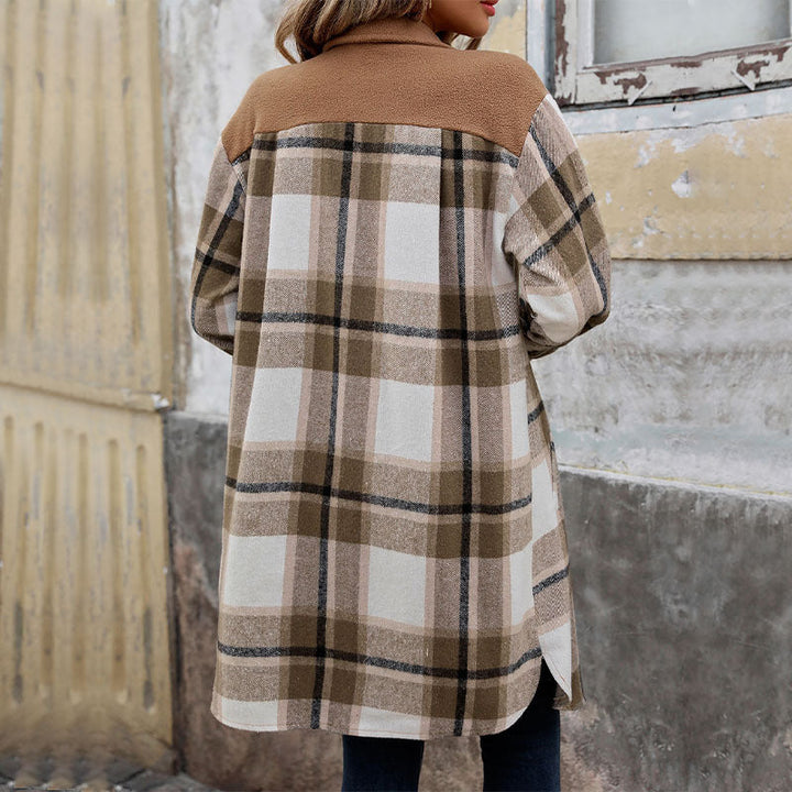 Women's shirt jacket with a checked pattern, pockets, buttons, and long sleeves