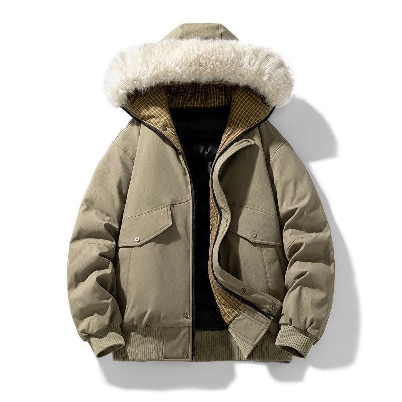 Men’s padded winter jacket with a hood and detachable faux-fur collar