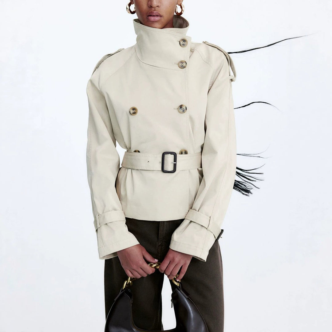 Women's trench jacket with belt and double-breasted button closure