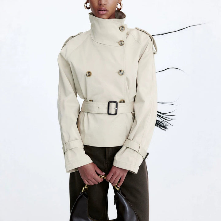 Women's trench jacket with belt and double-breasted button closure