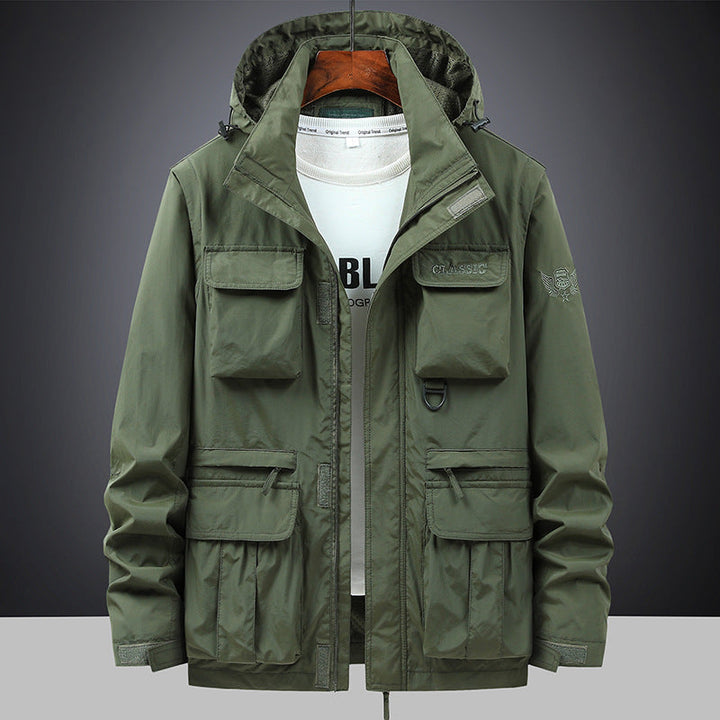 Men's multifunctional field jacket with hood and pockets