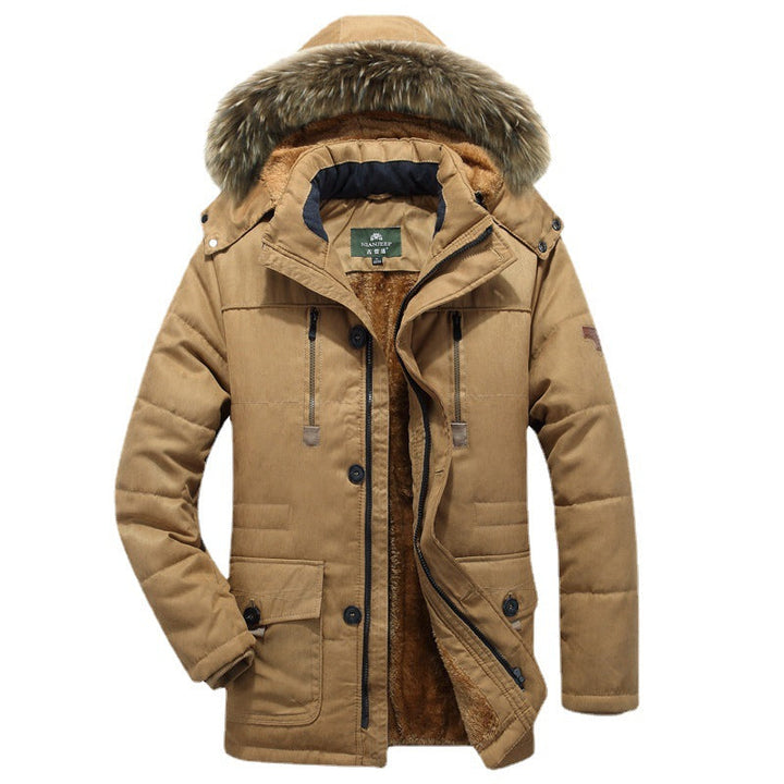 Men's winter parka with hood, buttons, and pockets