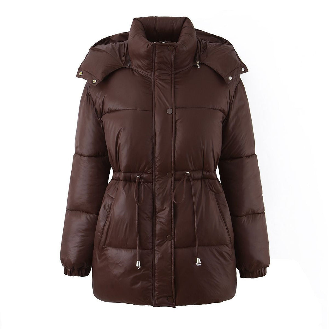 Women's hooded jacket with an adjustable waist drawstring and glossy finish