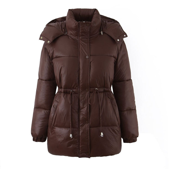 Women's hooded jacket with an adjustable waist drawstring and glossy finish