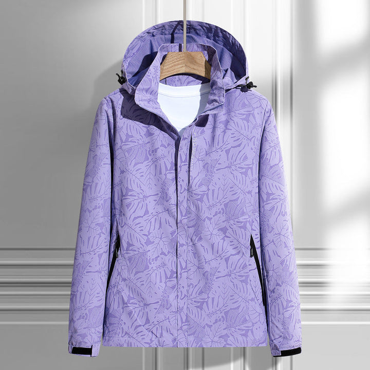 Women's Lightweight Packable Rain and Wind Jacket with Hood, Leaf Pattern