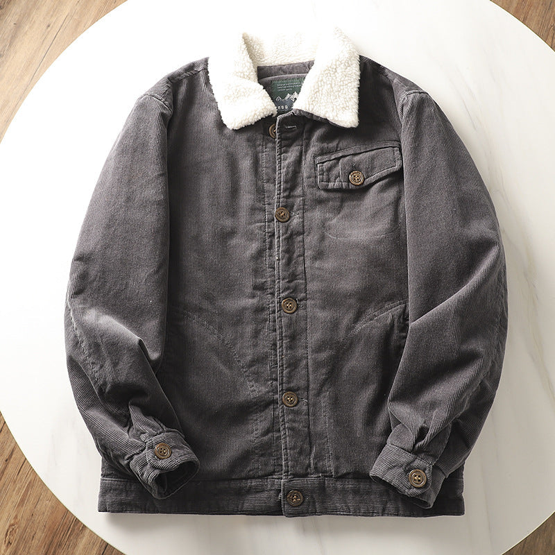 Men’s lined corduroy jacket with a teddy collar and button placket