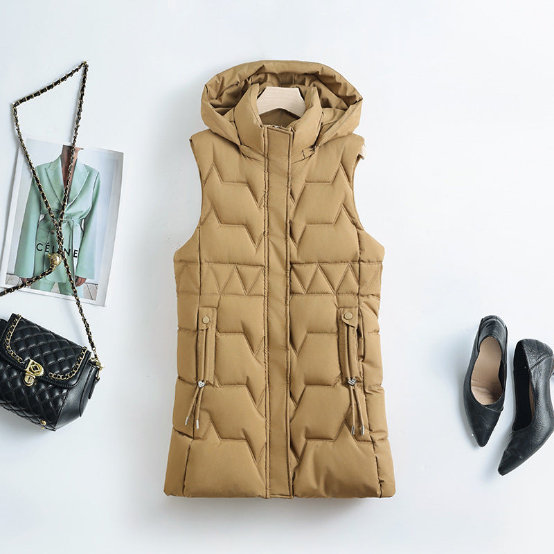Women's sleeveless quilted long vest with a hood and adjustable drawstrings at the waist