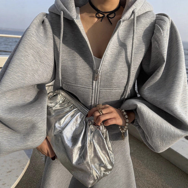 Women's sweatshirt set with balloon sleeves and a flared midi skirt