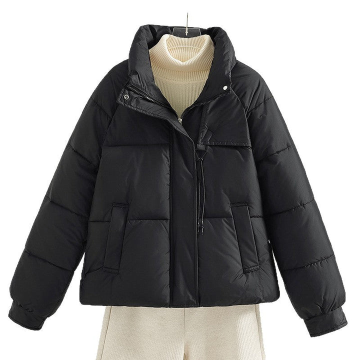 Women’s short padded boxy jacket with a high stand-up collar and drawstring