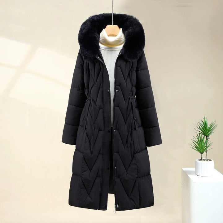 Women's long quilted parka with a faux-fur hood and drawstring