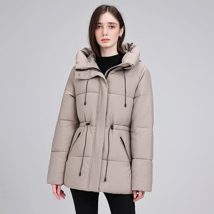 Women's padded hooded parka with an adjustable drawstring waist and ribbed cuffs