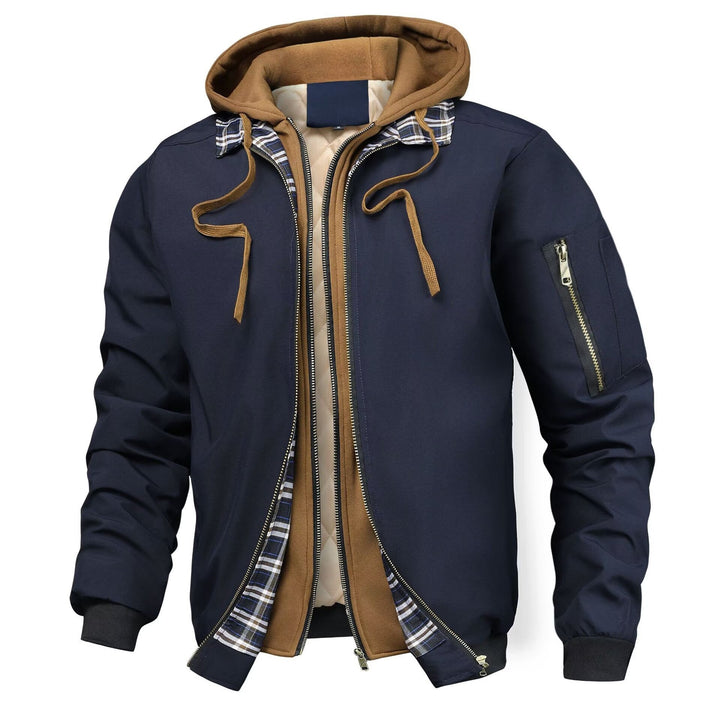 Men's jacket with hood, pockets, and drawstring waist
