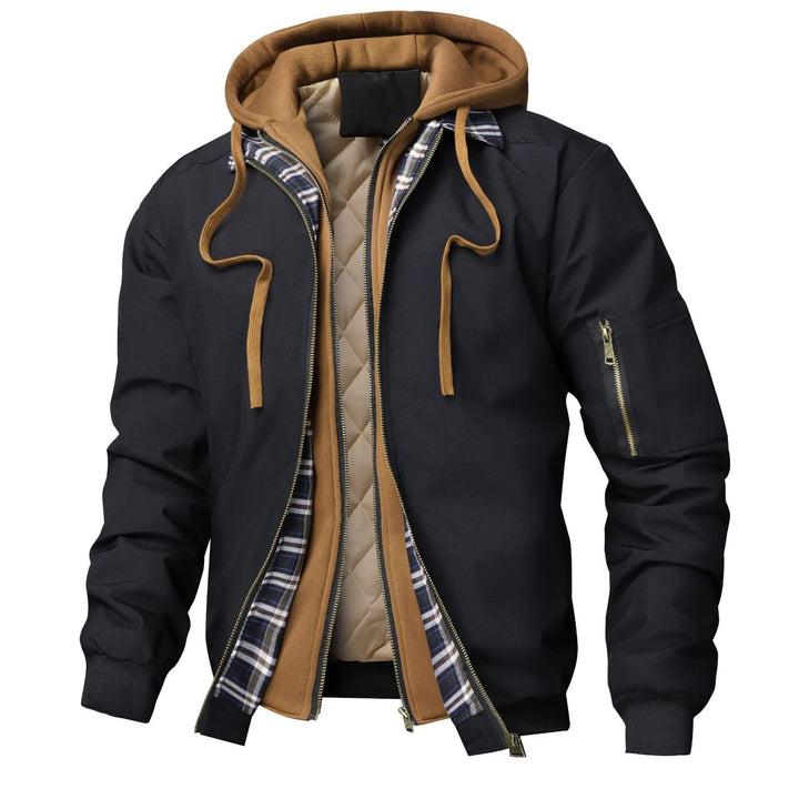 Men's jacket with hood, pockets, and drawstring waist