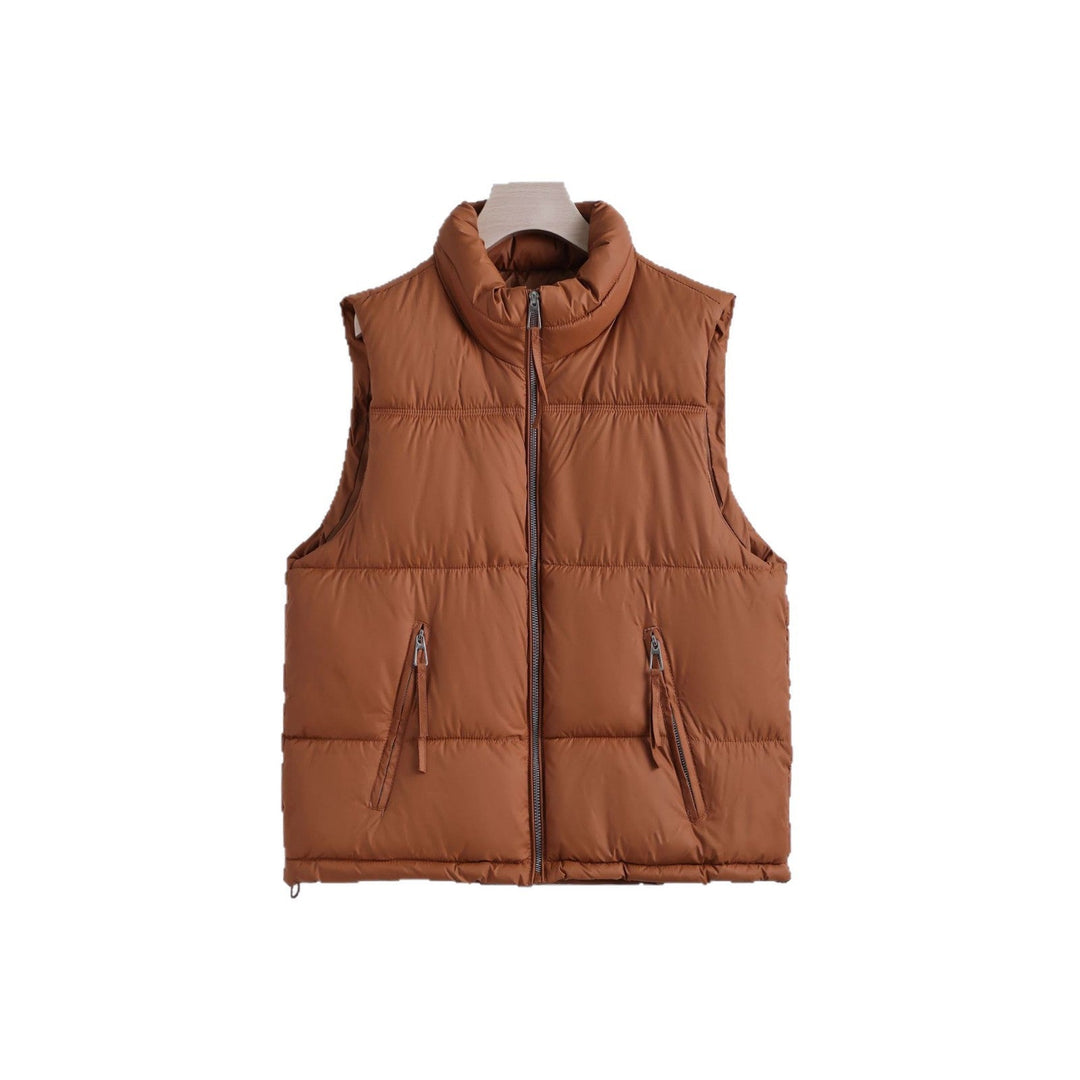 Women’s padded quilted vest with a high stand-up collar and two-way zipper