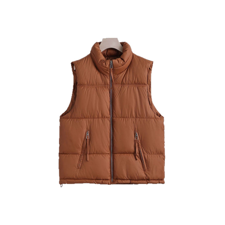 Women’s padded quilted vest with a high stand-up collar and two-way zipper