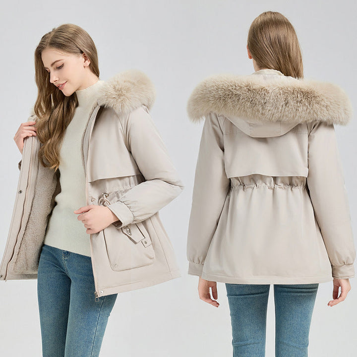 Women's short coat with faux-fur hood and drawstring waist