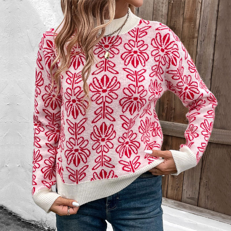 Women's round-neck sweater with floral pattern and ribbed cuffs