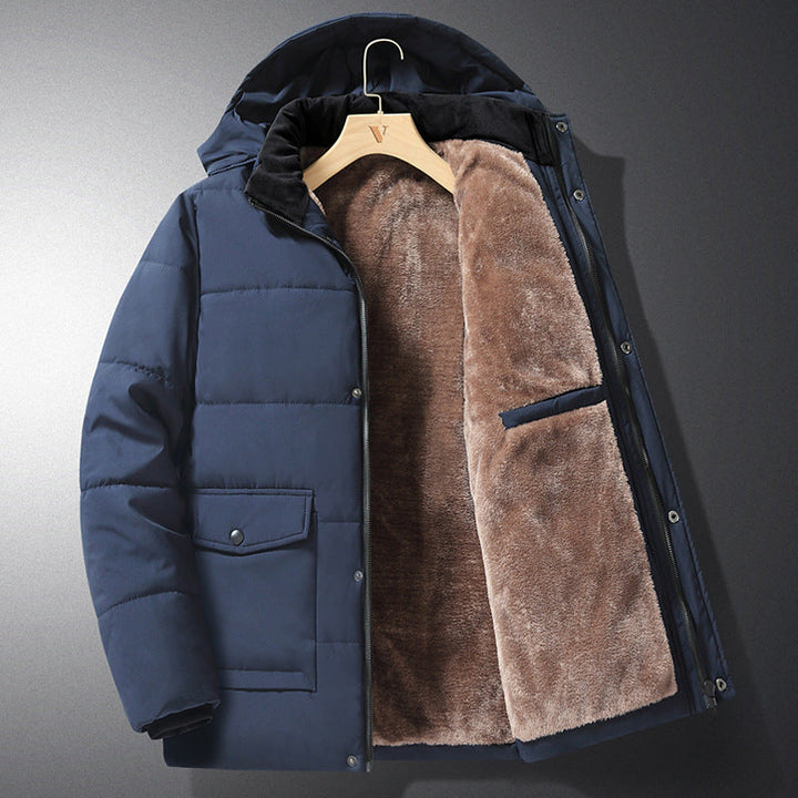 Men’s quilted jacket with hood, buttons, and pockets