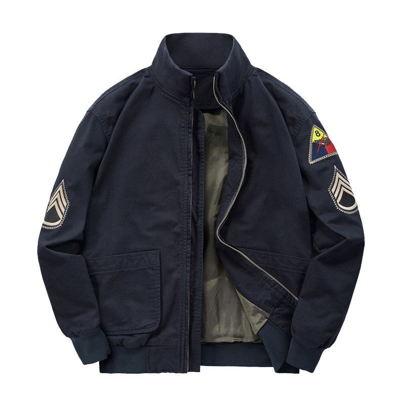 Men’s military-style bomber jacket with patches and a concealed zipper
