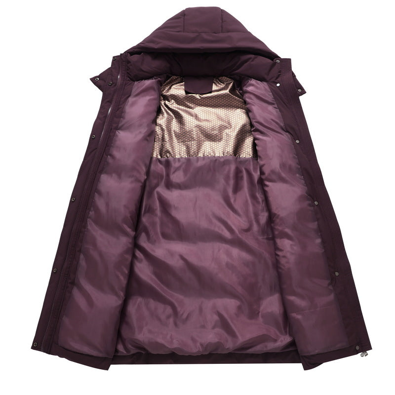 Women’s long padded hooded coat with a high stand-up collar and concealed zipper