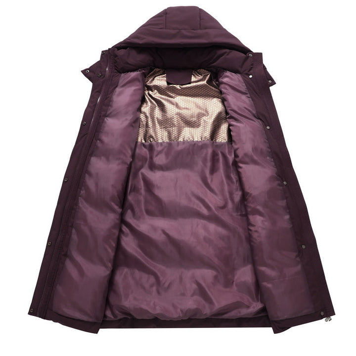 Women’s long padded hooded coat with a high stand-up collar and concealed zipper