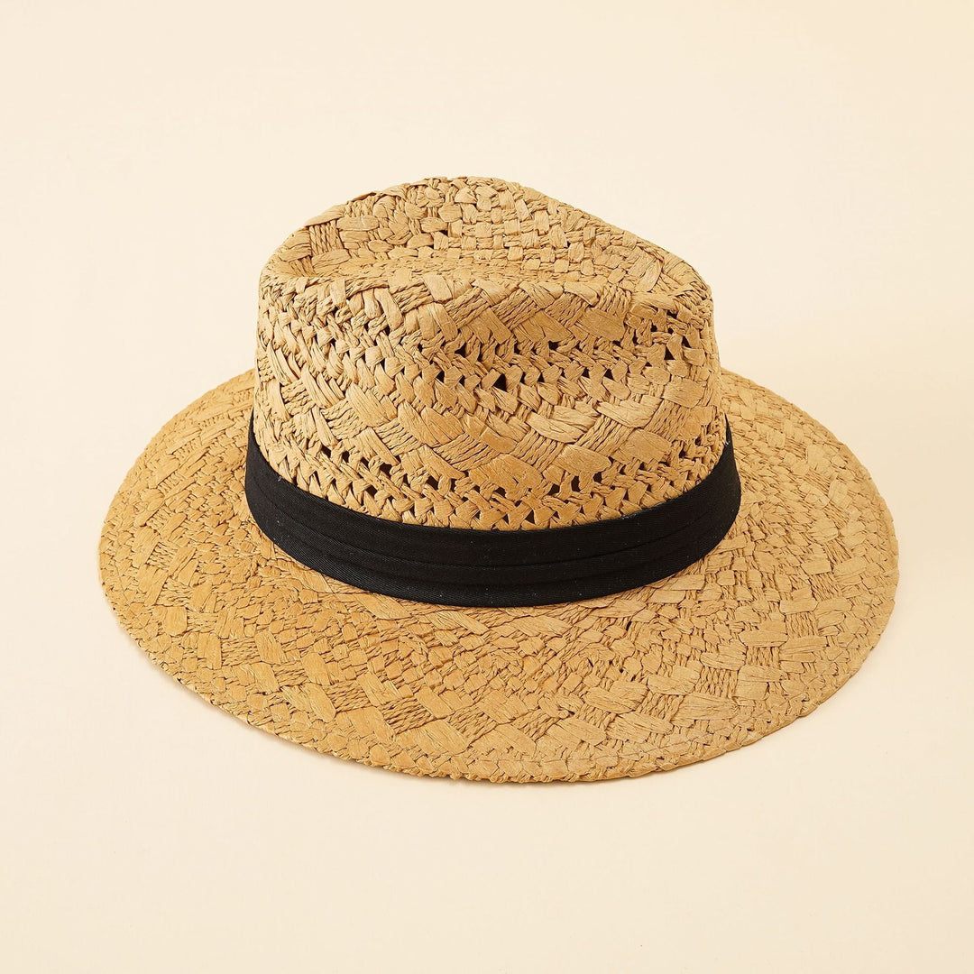 Damen Strohhut im Fedora-Stil mit breiter Krempe und elegantem Band