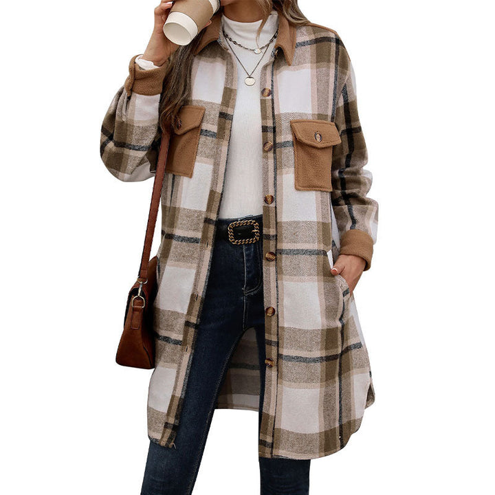 Women's shirt jacket with a checked pattern, pockets, buttons, and long sleeves