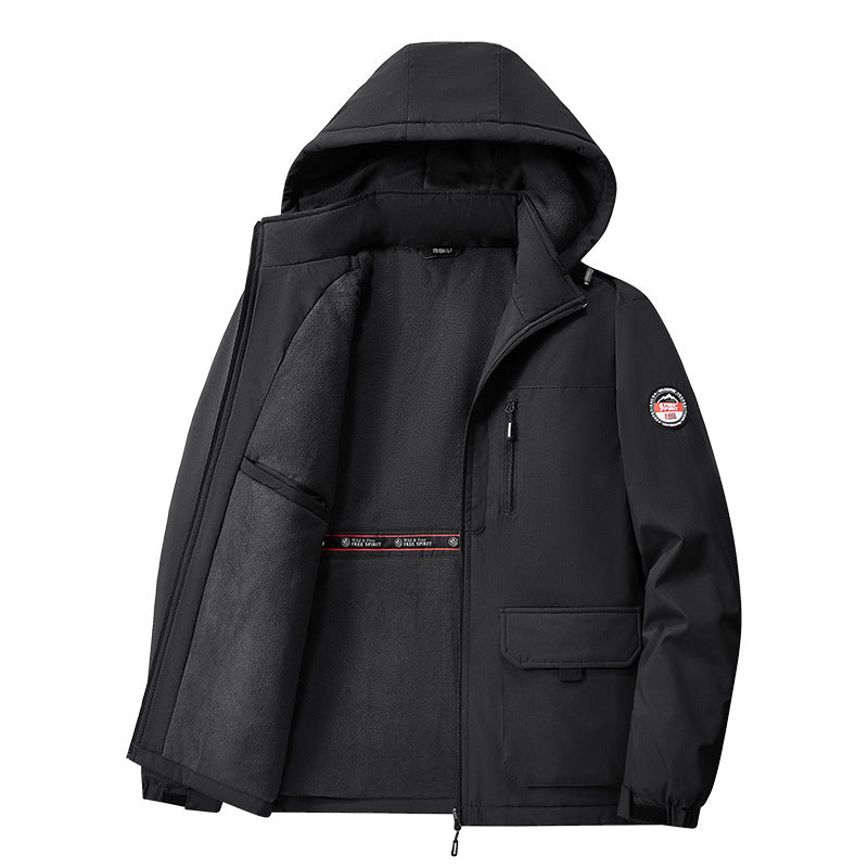 Men’s lined softshell winter jacket with hood and multifunctional pockets
