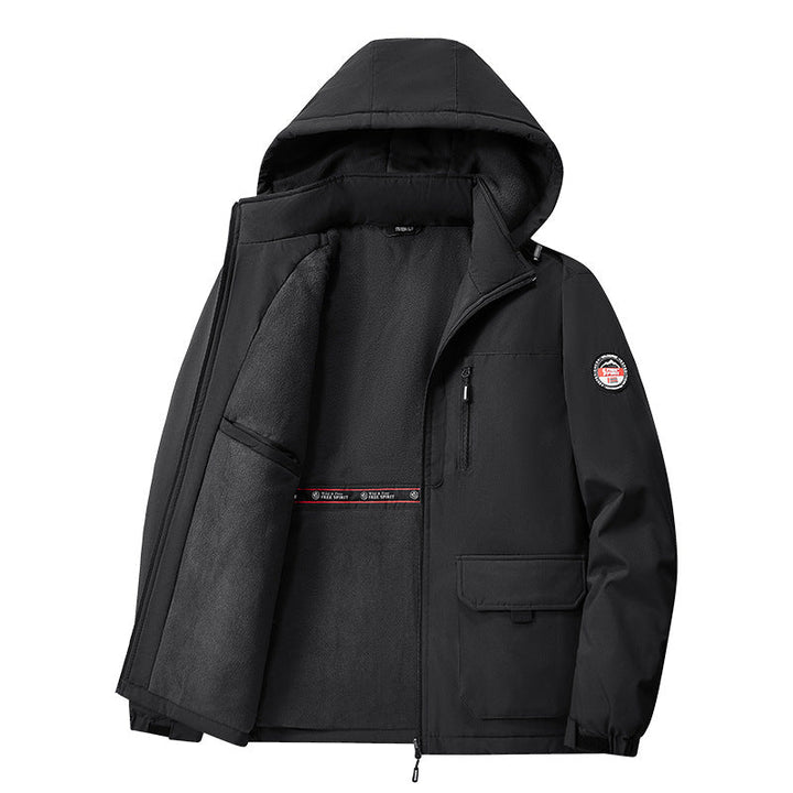 Men’s lined softshell winter jacket with hood and multifunctional pockets