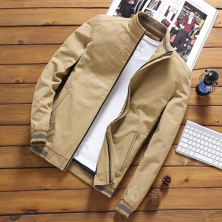 Men’s lightweight bomber-style jacket with a stand-up collar and striped ribbed cuffs