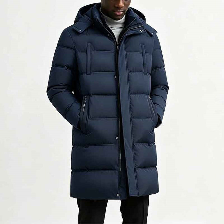 Men's longline puffer jacket with hood and pockets