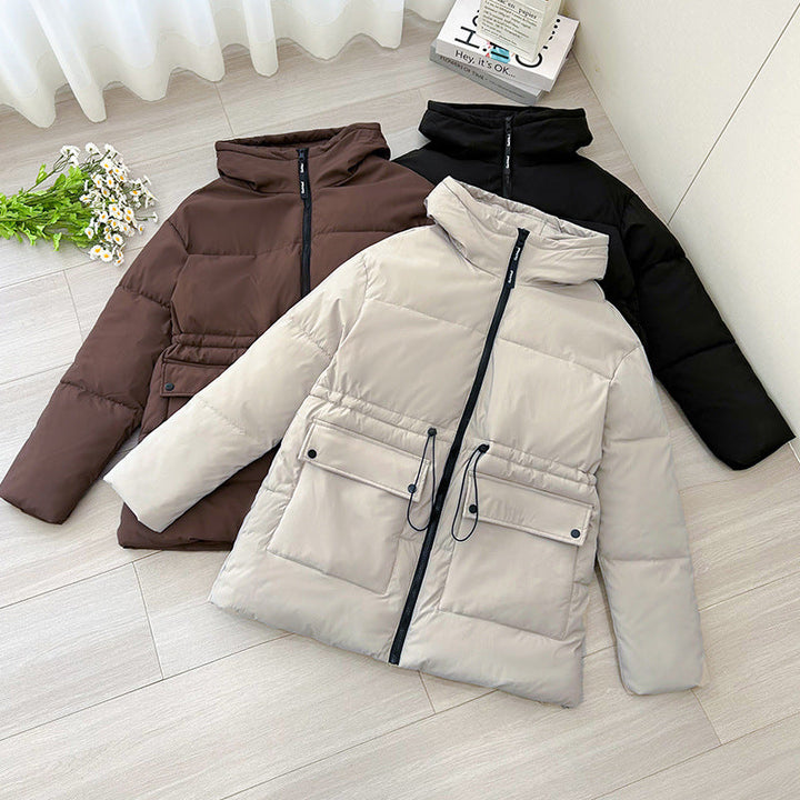 Women’s mid-length thermal parka with a waist-cinching drawstring and hood