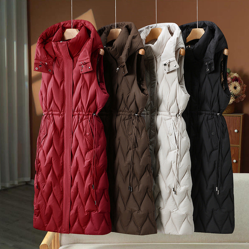 Women's long sleeveless quilted vest with hood and adjustable drawstring waist