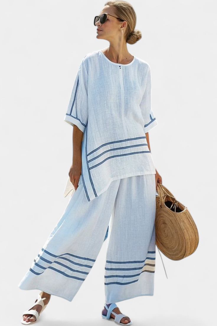 Vittorina – asymmetrical top with sophisticated stripes and daring trousers