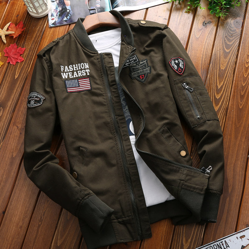 Men's patchwork bomber jacket with sleeve pocket and ribbed cuffs