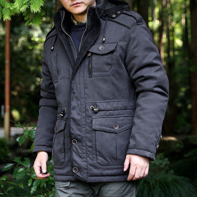 Men's parka with hood, drawstring, buttons, and pockets