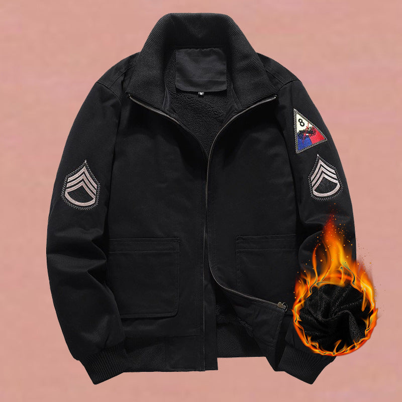 Men’s military-style bomber jacket with patches and a concealed zipper