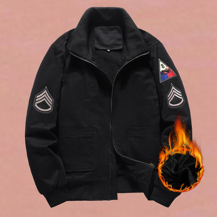 Men’s military-style bomber jacket with patches and a concealed zipper