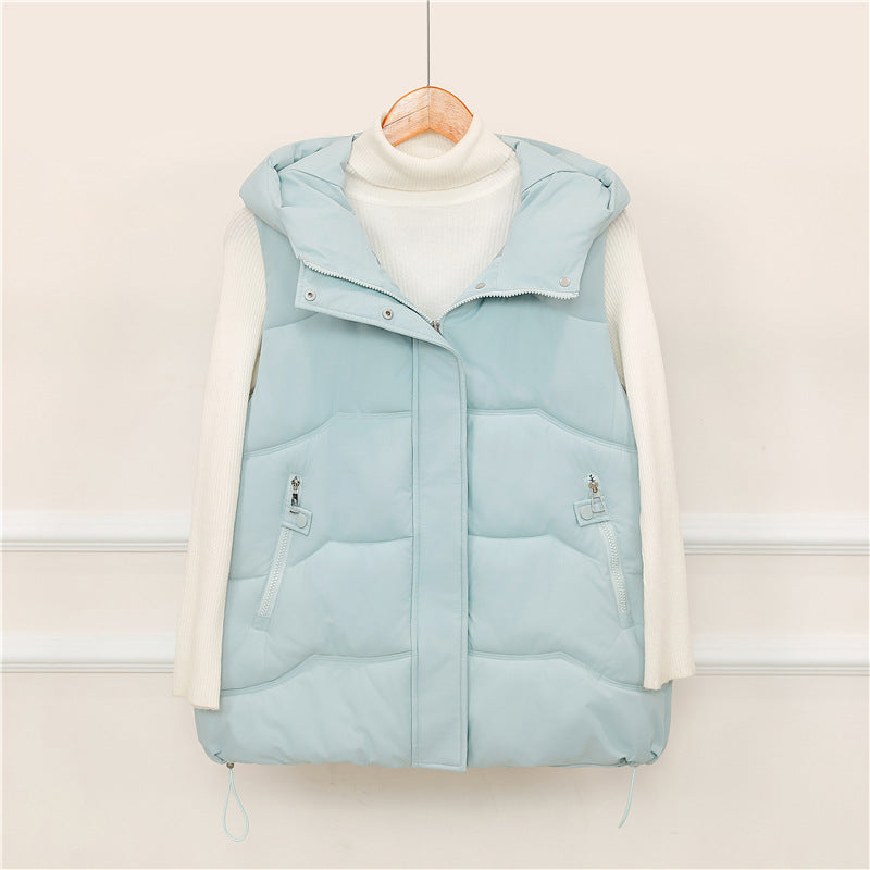 Women's padded hooded vest with drawstring and zippered pockets